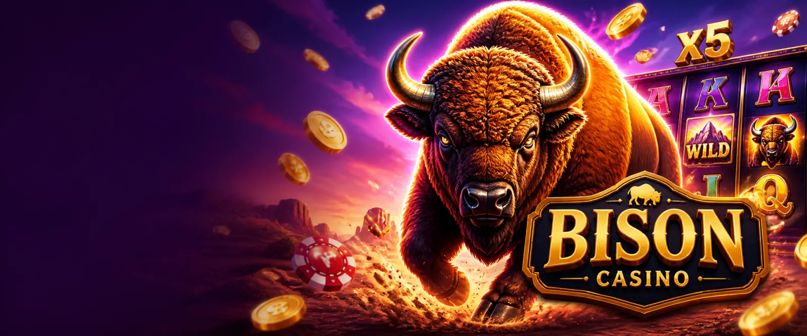 Dynamic promotional banner for Bison Casino with vibrant colors and brand-inspired elements.